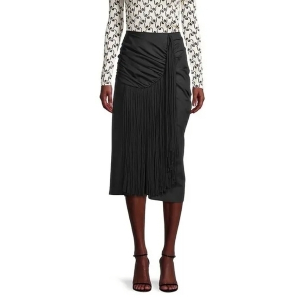 TORY BURCH COTTON SILK FRINGE MIDI SKIRT BLACK 2 - Picture 2 of 12